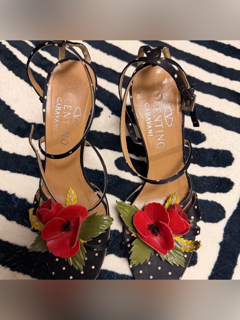 Valentino Black Polka Dot Leather Heels with Red Floral Appliqués